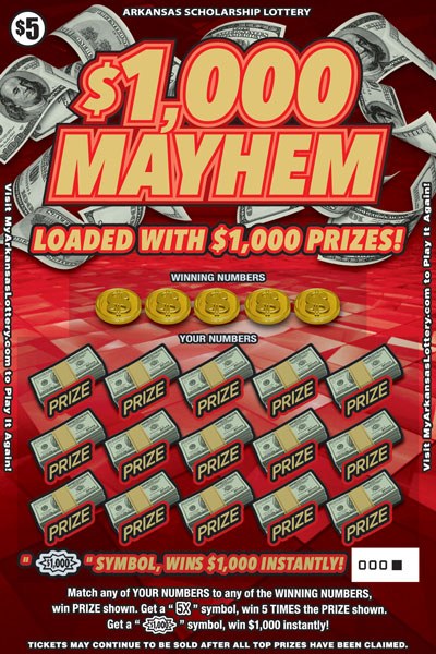 $1,000 Mayhem Arkansas scratch-off ticket
