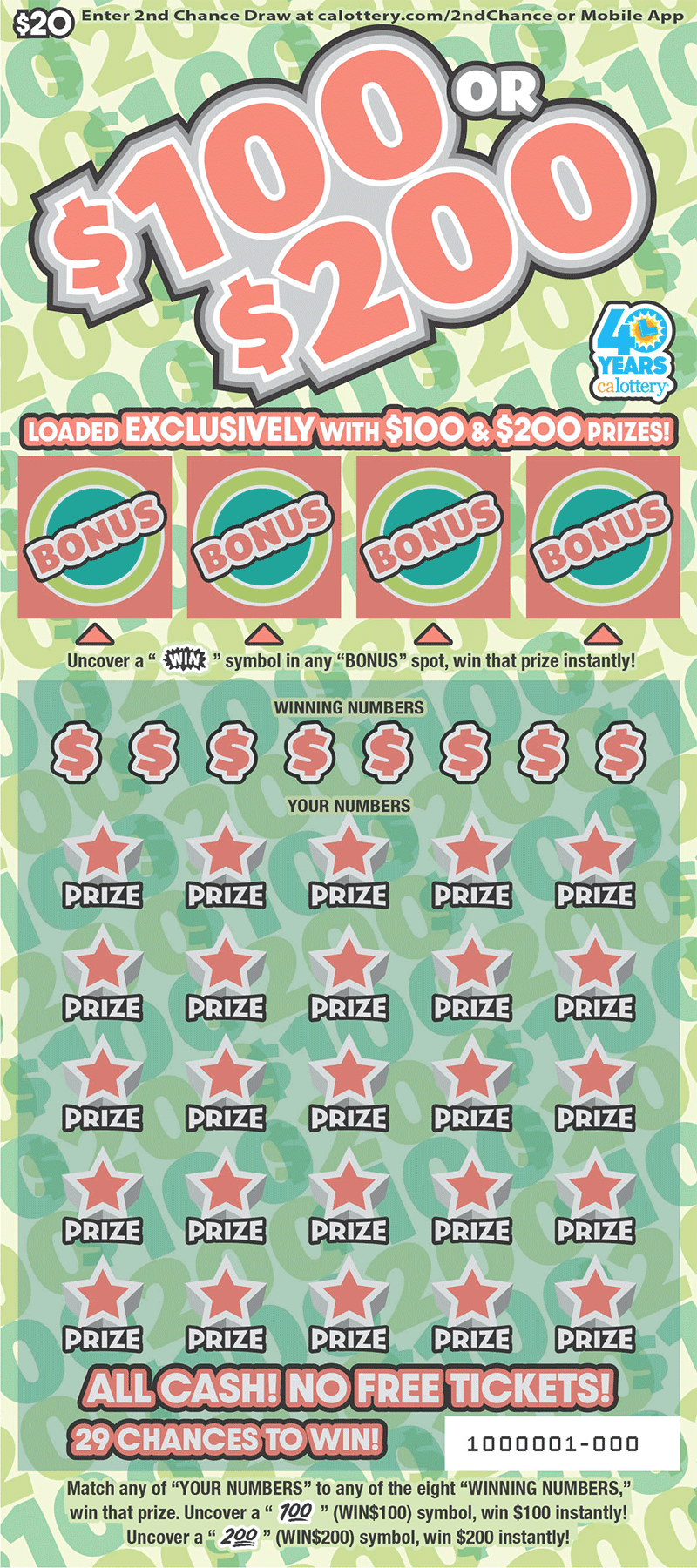 $100 Or $200 California scratch-off ticket