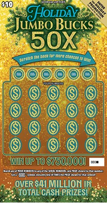 Holiday Jumbo Bucks 50X Georgia scratch-off ticket