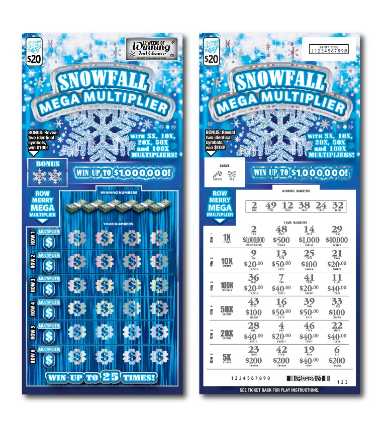 Snowfall Mega Multiplier Illinois scratch-off ticket