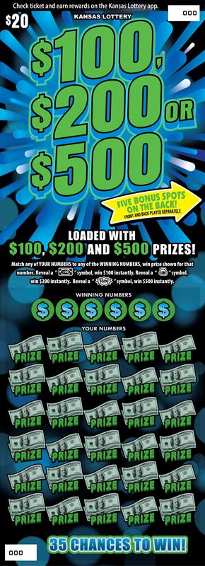 $100, $200 Or $500 Kansas scratch-off ticket