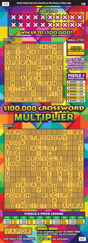 $100,000 Crossword Multiplier Kansas scratch-off ticket