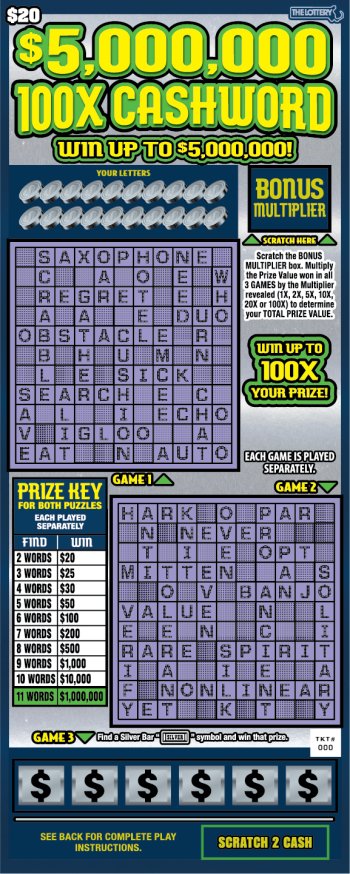 $5,000,000 100X Cashword 2024 Massachusetts scratch-off ticket
