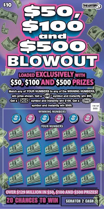 $50, $100 And $500 Blowout Massachusetts scratch-off ticket