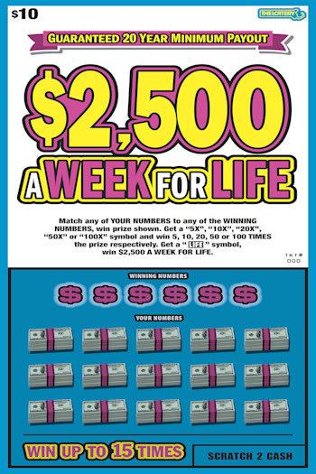 $2,500 A Week For Life Massachusetts scratch-off ticket
