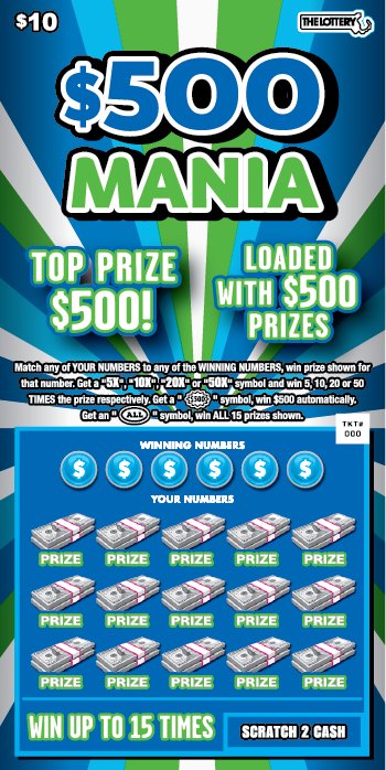 $500 Mania Massachusetts scratch-off ticket