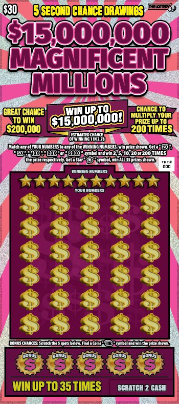 $15,000,000 Magnificent Millions Massachusetts scratch-off ticket
