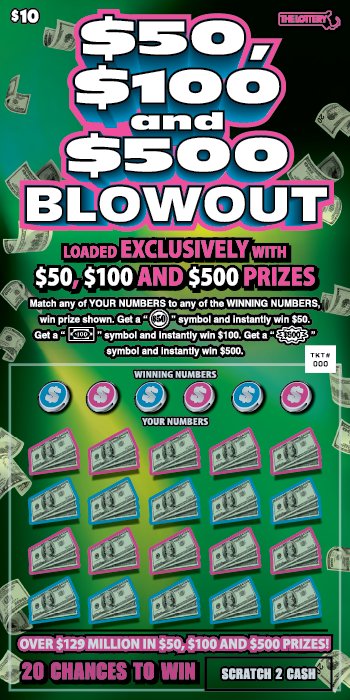 $50, $100, And $500 Blowout Massachusetts scratch-off ticket