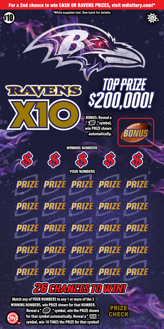 Ravens X10 Maryland scratch-off ticket