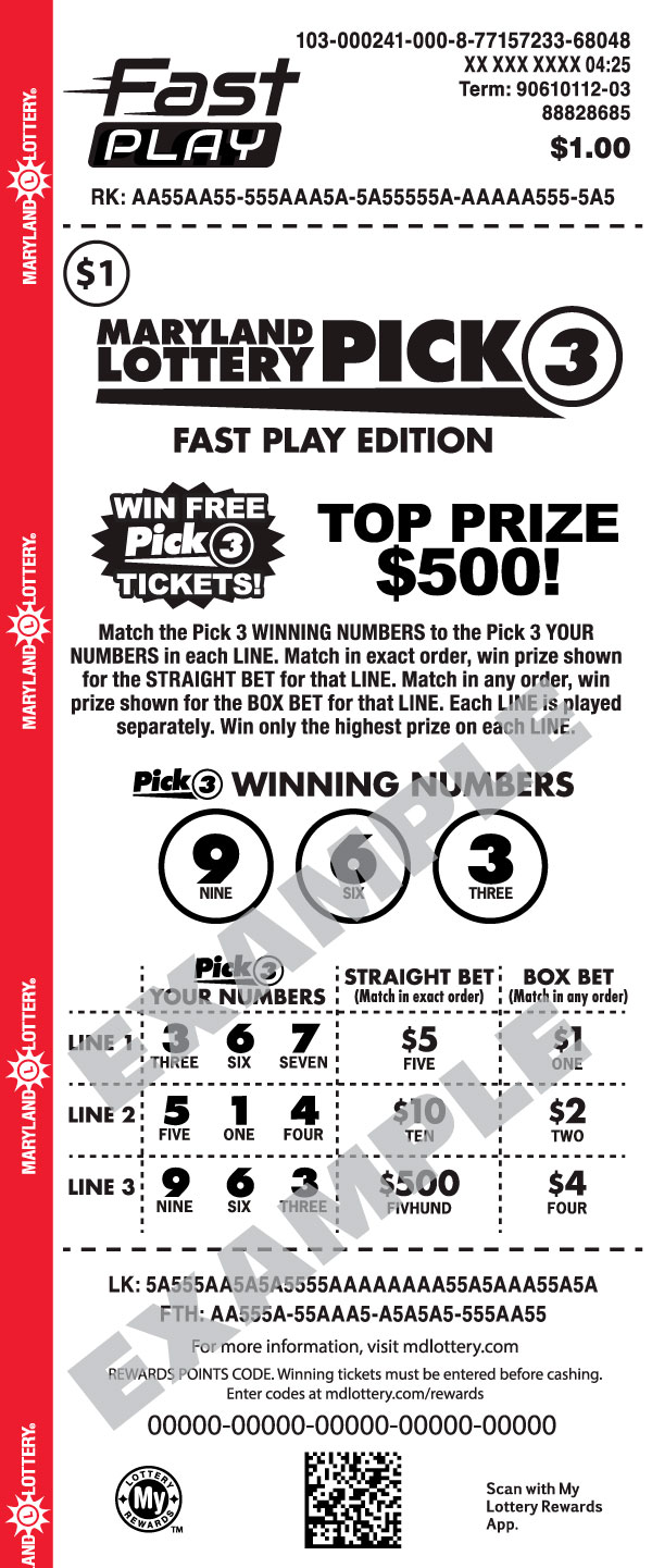 Maryland Lottery Pick 3 Fast Play Edition Maryland Fast Play game