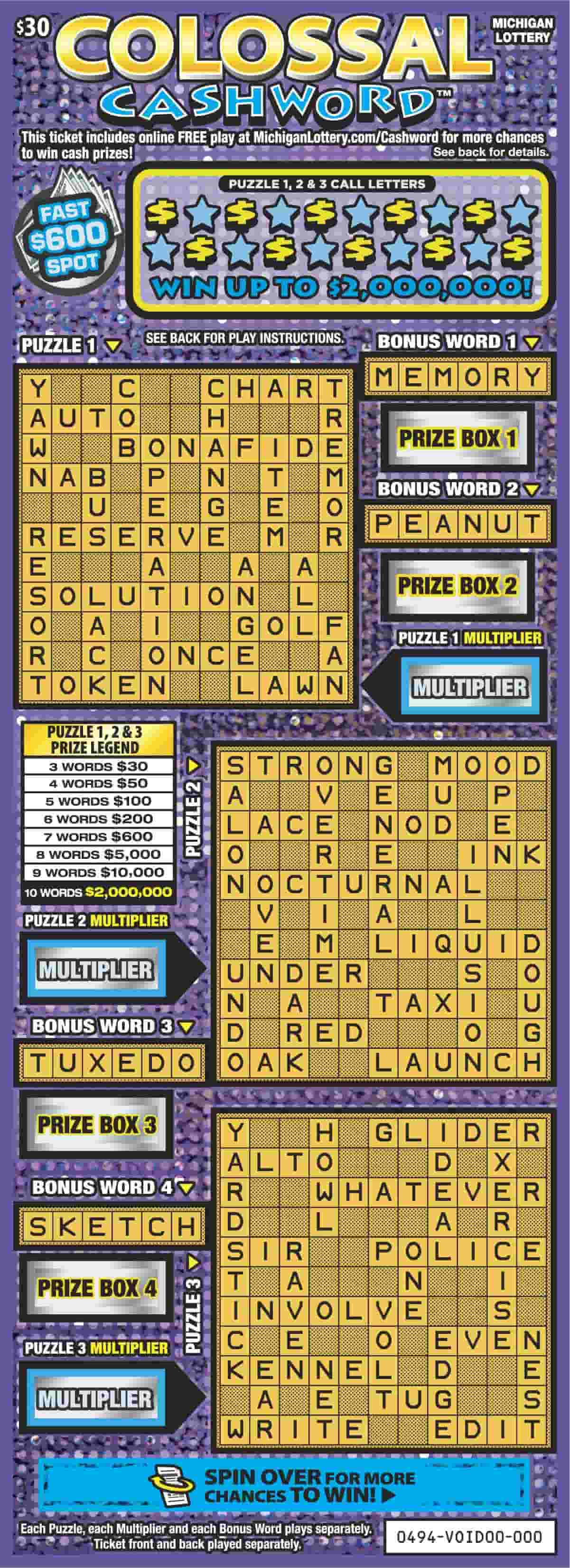 Colossal Cashword Michigan scratch-off ticket