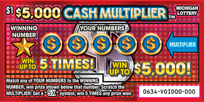 $5,000 Cash Multiplier Michigan scratch-off ticket