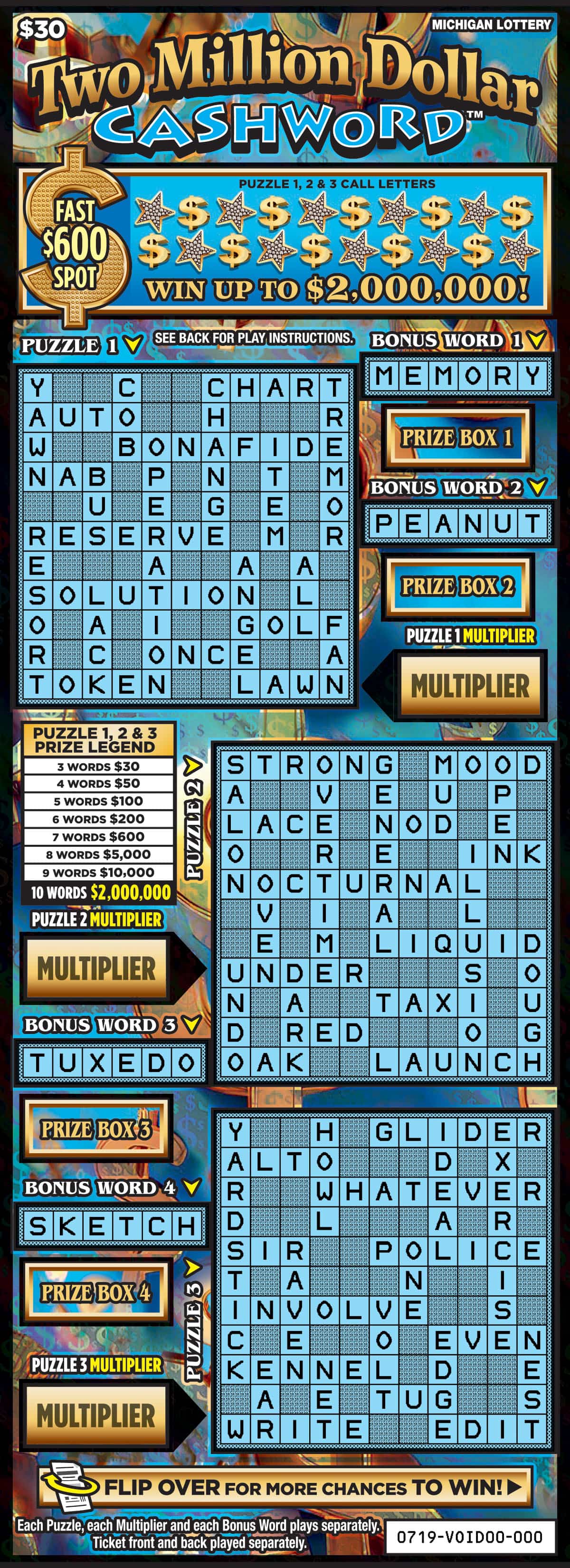 Two Million Dollar Cashword Michigan scratch-off ticket