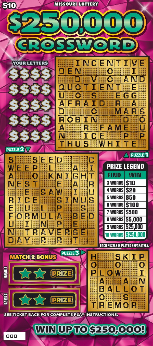 $250,000 Crossword Missouri scratch-off ticket