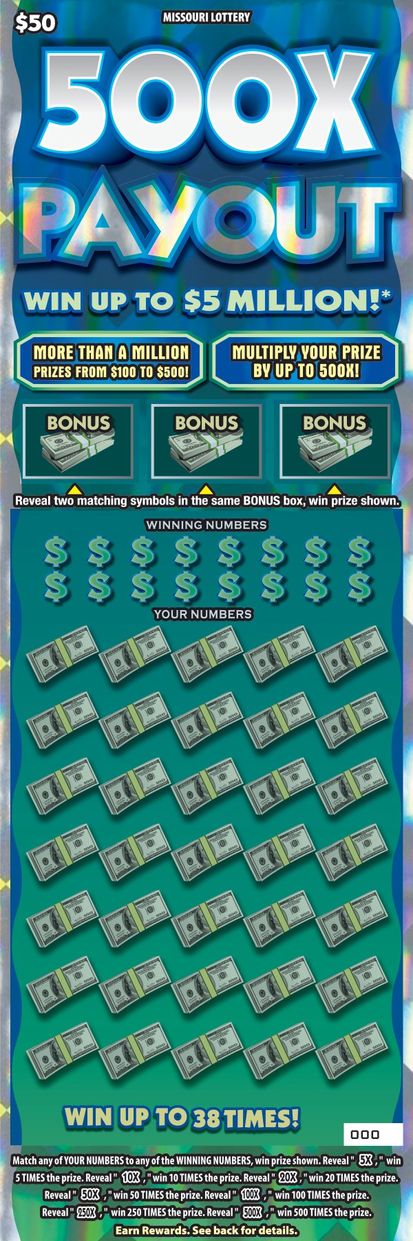 500X Payout Missouri scratch-off ticket