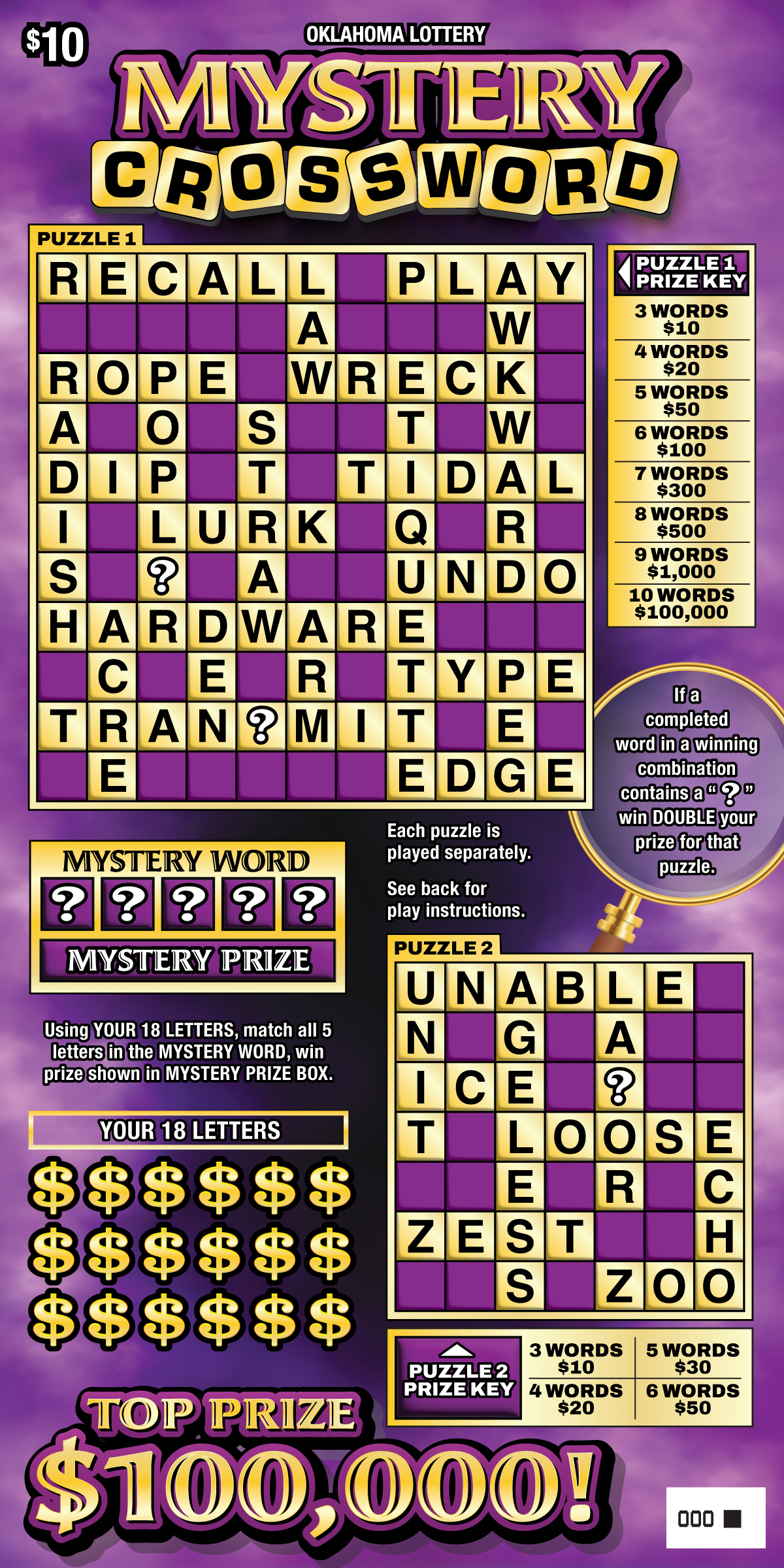 Mystery Crossword Oklahoma scratch-off ticket
