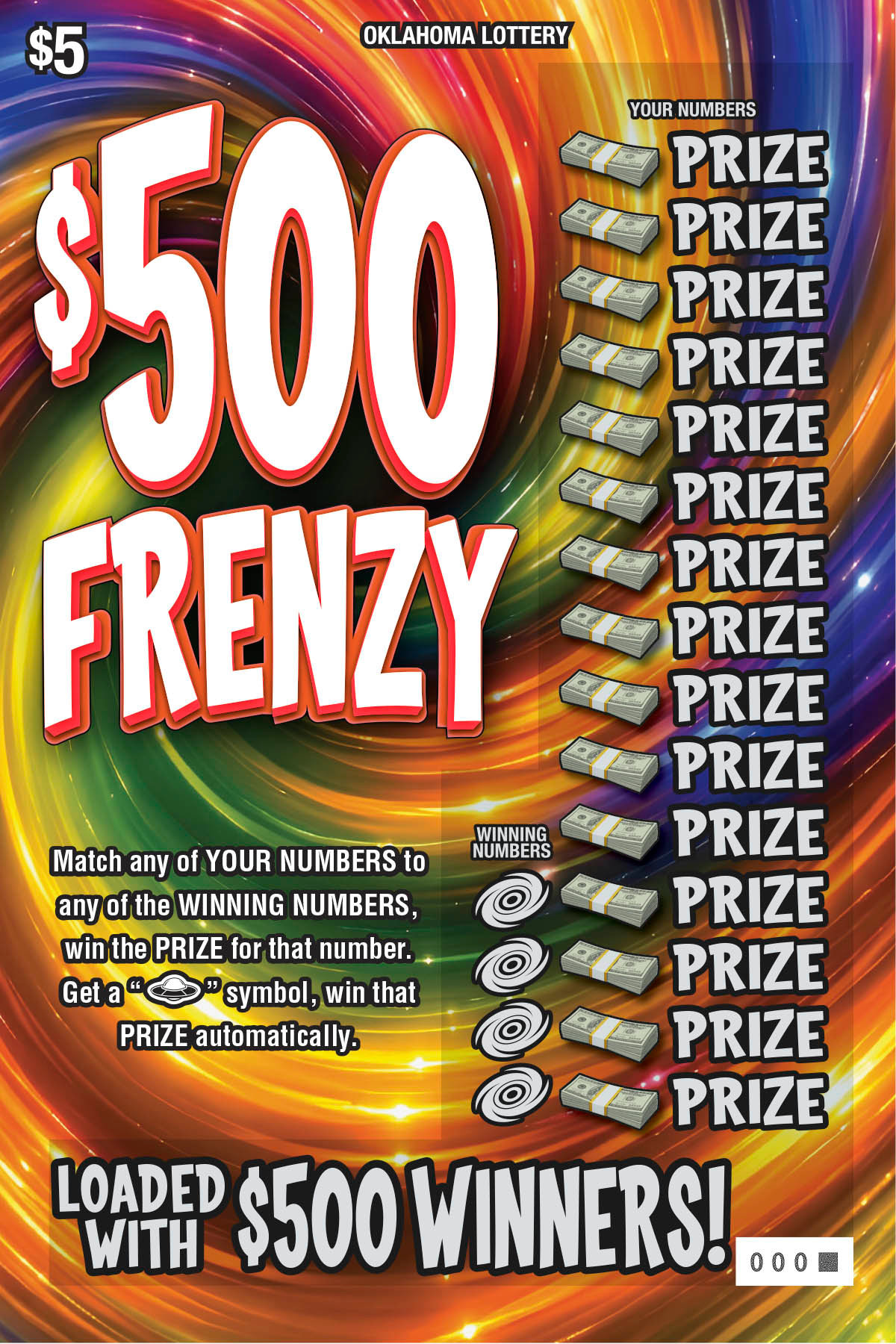 $500 Frenzy Oklahoma scratch-off ticket