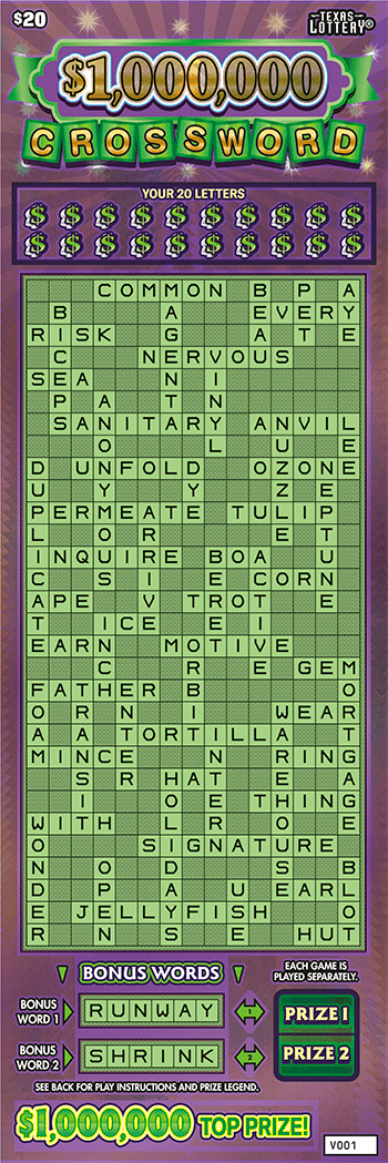 $1,000,000 Crossword Texas scratch-off ticket