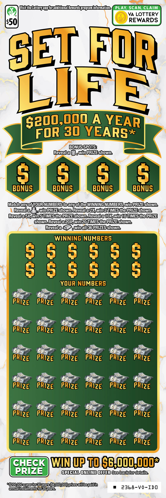Set For Life Virginia scratch-off ticket